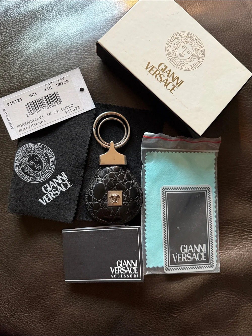 Versace Black Croc-Texture Leather Keyring with silver-Tone Medusa Detail